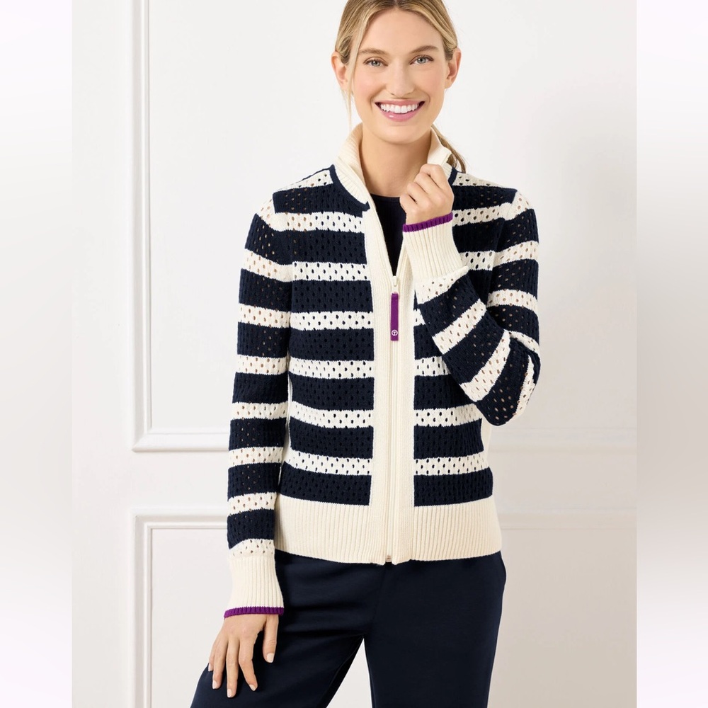 TALBOT’S COOLMAX® FULL ZIP SWEATER JACKET STRIPE MEDIUM PETITE NWT